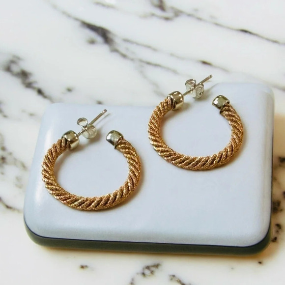 Gold & Sterling Twisted Mesh Rope Hoop Earrings - Picture 2 of 6